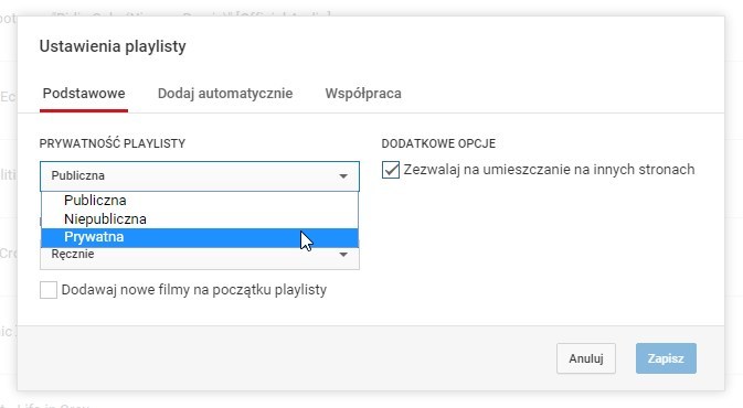 Ustawienia playlisty