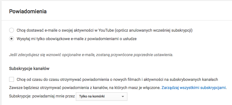 YouTube - ustawienia powiadomień