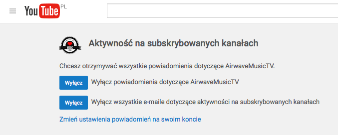 YouTube - dezaktywacja powiadomień