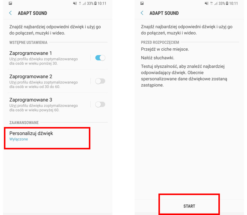 Włącz personalizację dźwięku Adapt Sound