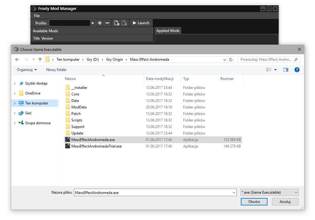 Wskaż plik MassEffectAndromeda.exe we Frosty Mod Manager