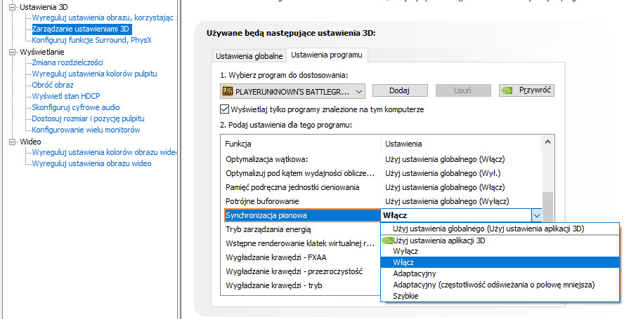 Włączenie synchronizacji pionowej w PLAYERUNKNOWN'S BATTLEGROUNDS - karta NVIDIA