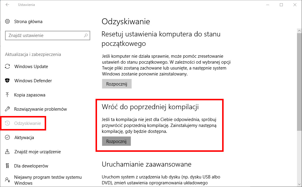 Rozpocznij odinstalowywanie aktualizacji systemowej w Windows 10