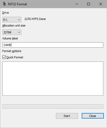 FAT32 Format - okno formatowania