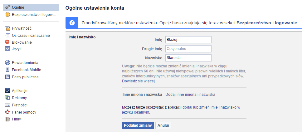 Zmiana imienia i nazwiska na Facebooku