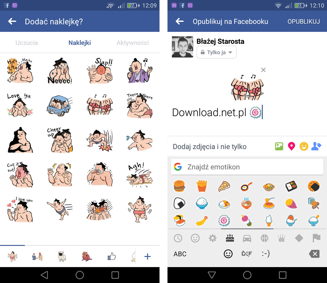 Wybór naklejki i emoji do posta na Facebooku w smartfonie