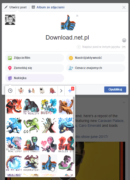 Facebook - wstawianie naklejki do posta