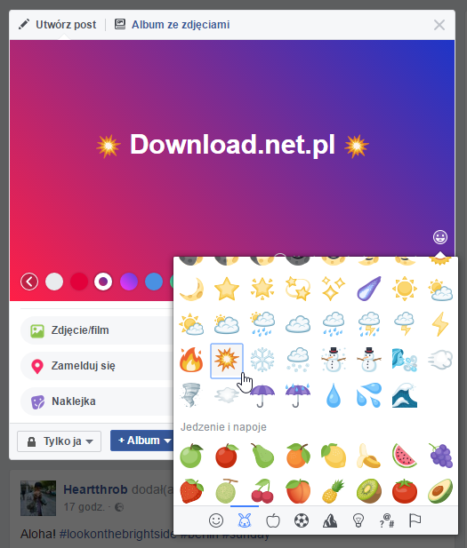 Facebook - ustawianie tła dla posta i emoji