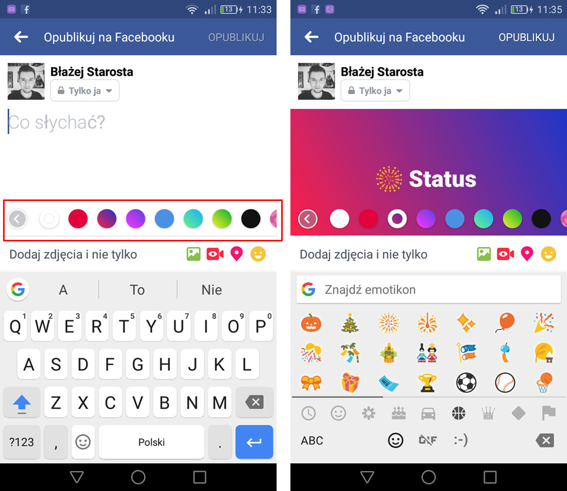 Facebook mobilny - ustawianie koloru tła dla posta