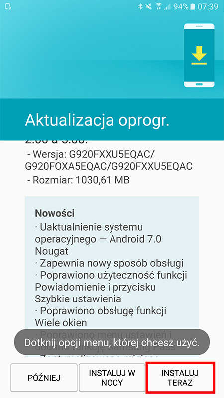 Instalacja aktualizacji do Androida 7.0 w Galaxy S6 / S6 Edge przez OTA