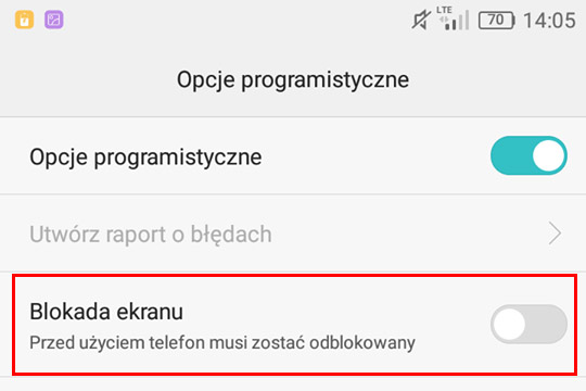 Wyłącz blokadę ekranu w opcjach programistycznych