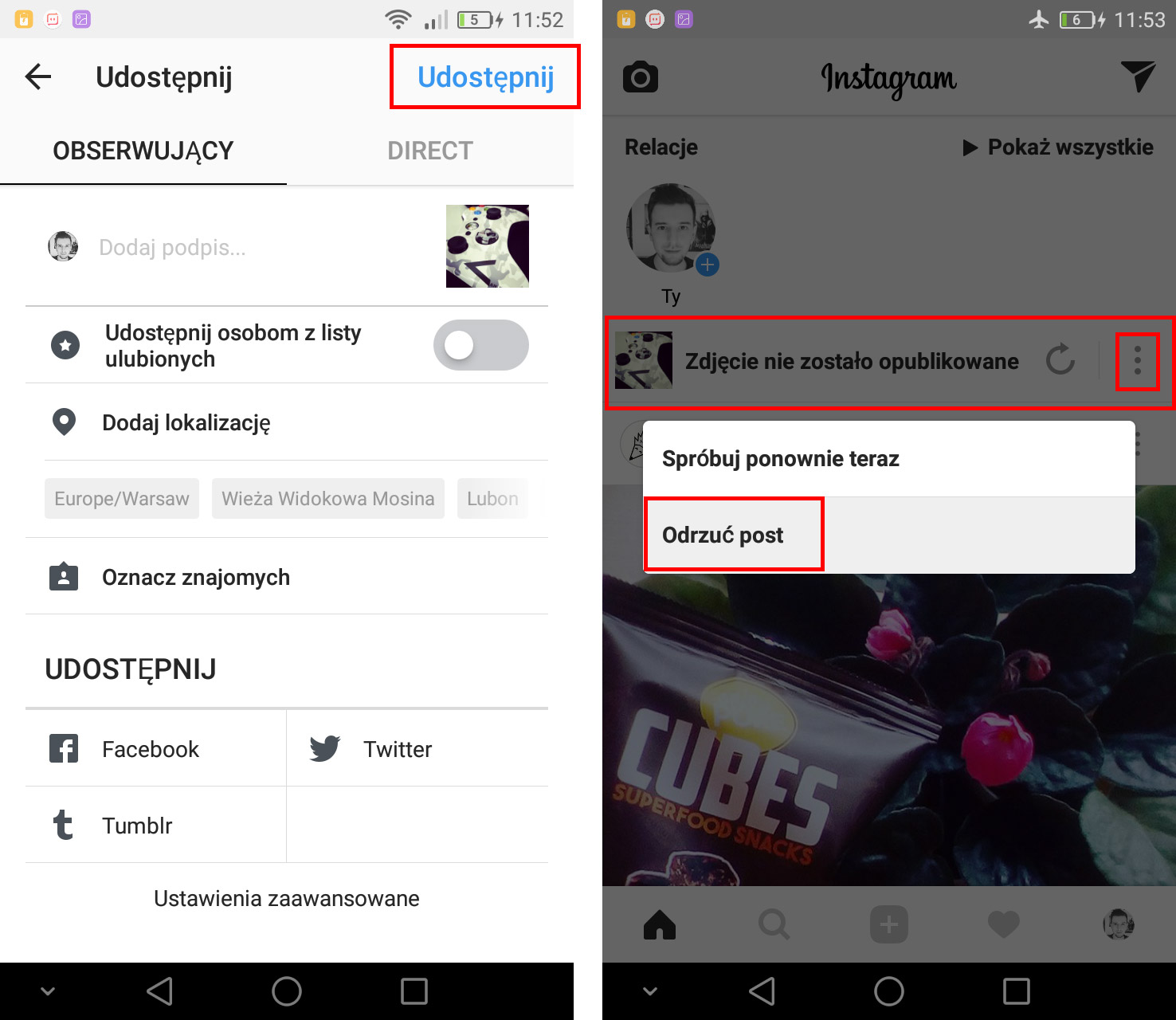 Opublikuj i usuń zdjęcie z Instagrama