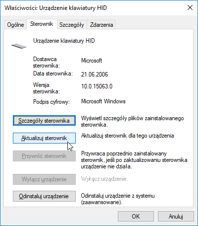 Właściwości sterownika klawiatury HID