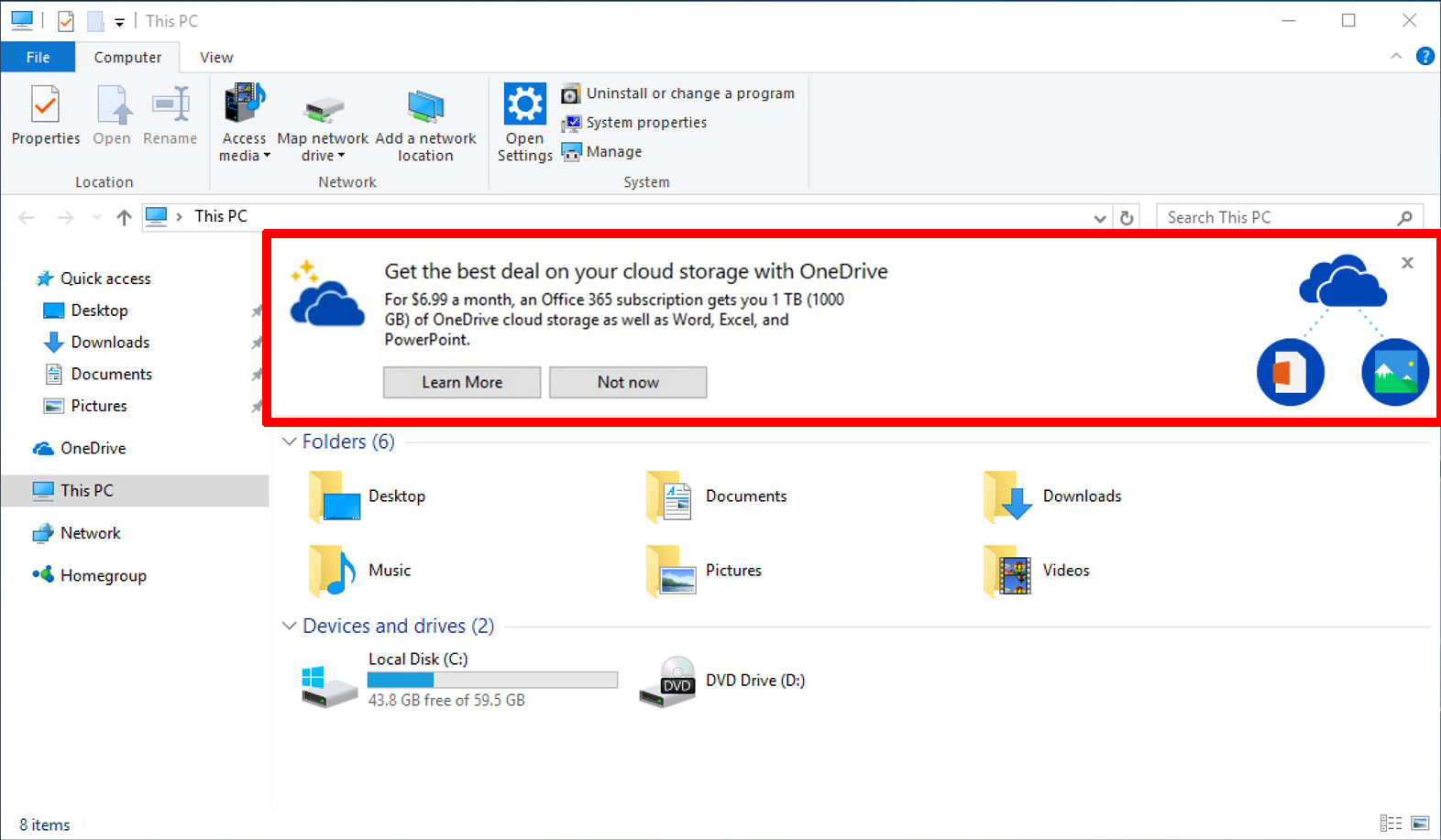 Reklama OneDrive w anglojęzycznej wersji Windows 10