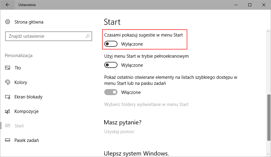 Wyłączanie sugestii w menu Start w Windows 10 Creators Update