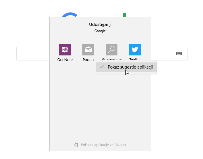 Wyłącz sugerowane aplikacje w oknie udostępniania w Edge