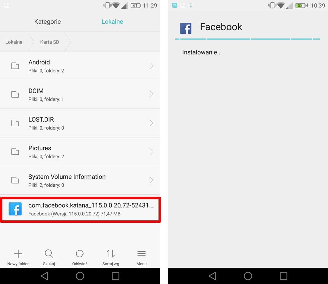 Instalacja Facebooka z pliku APK