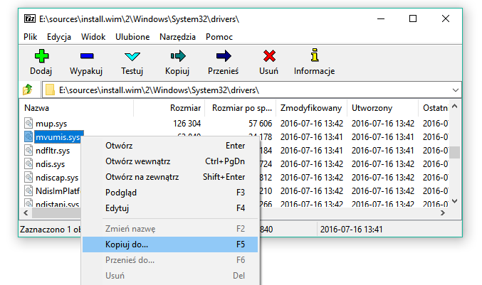 Wyodrębnij potrzebny plik z Install.wim