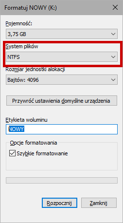 Formatowanie pendrive jako NTFS