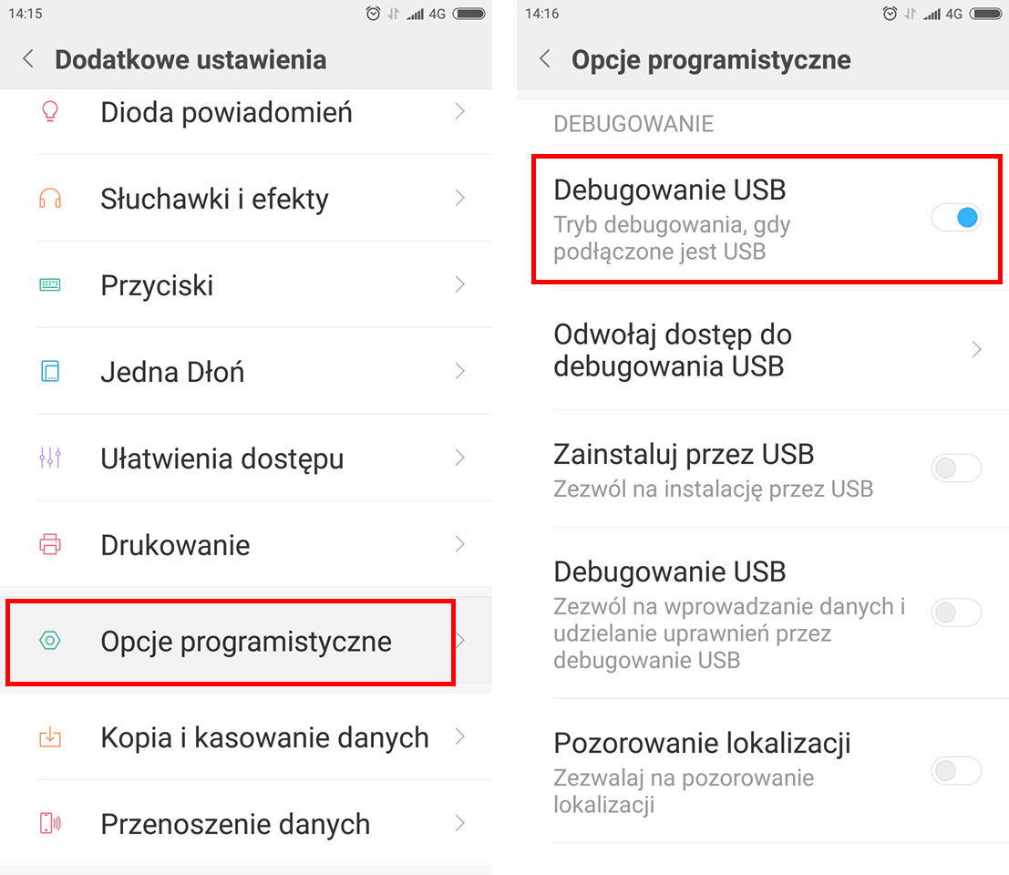 Włącz debugowanie USB w MIUI