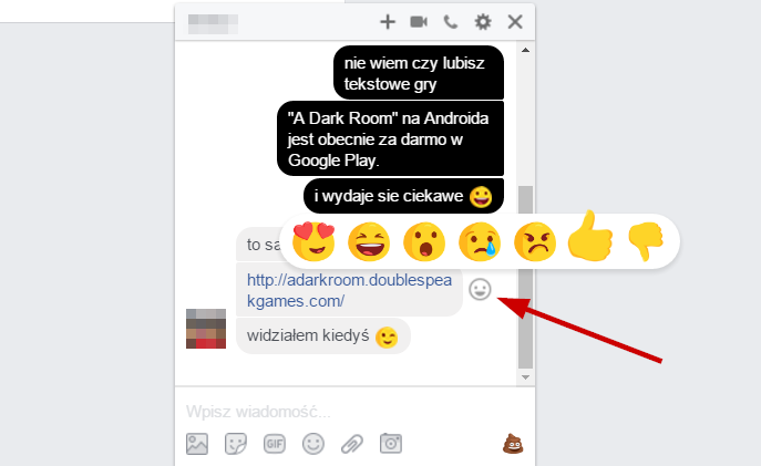 Przesyłanie reakcji na czacie Facebooka