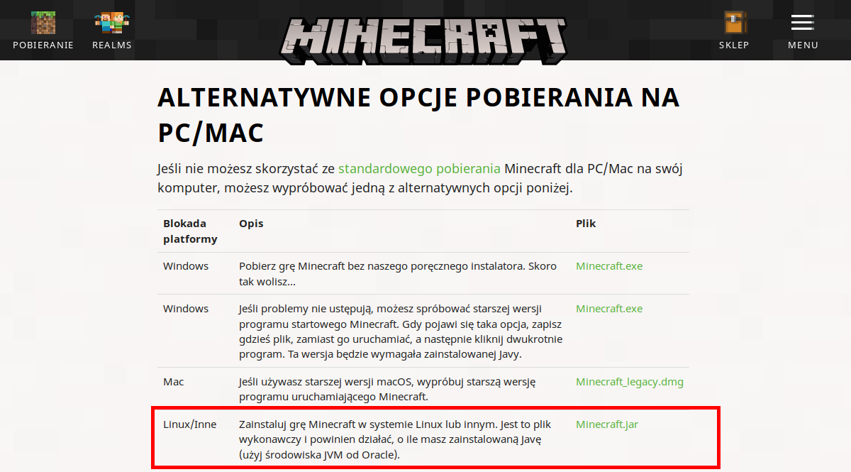 Pobierz Minecrafta w wersji na Linuksa