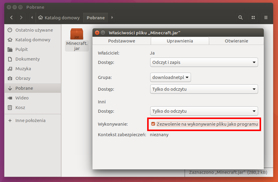 Zezwól na wykonywanie pliku jako programu - Ubuntu