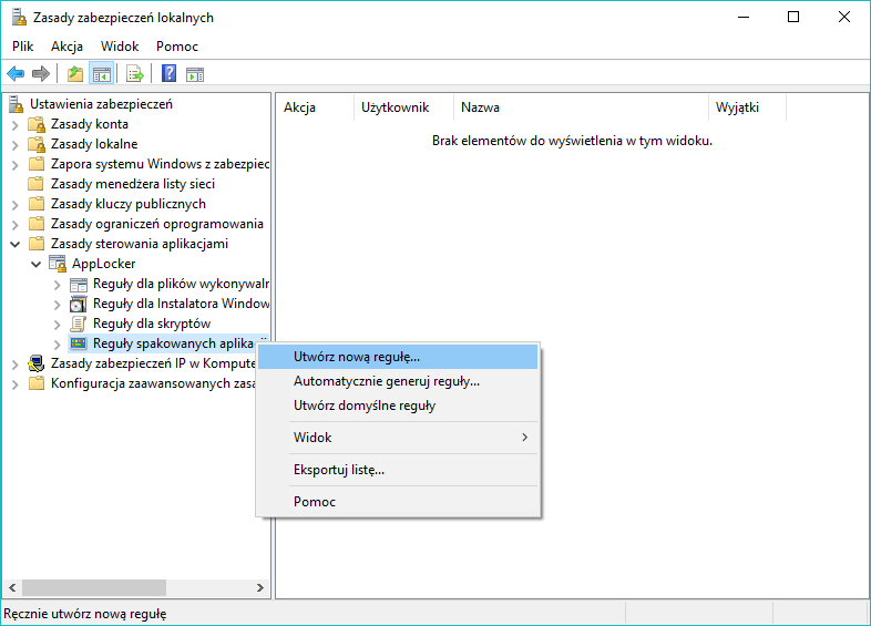 Zasady zabezpieczeń lokalnych - utwórz nową regułę