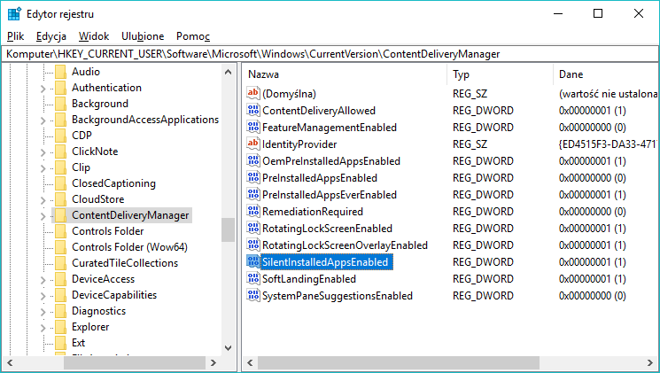 Znajdź klucz SilentInstalledAppsEnabled