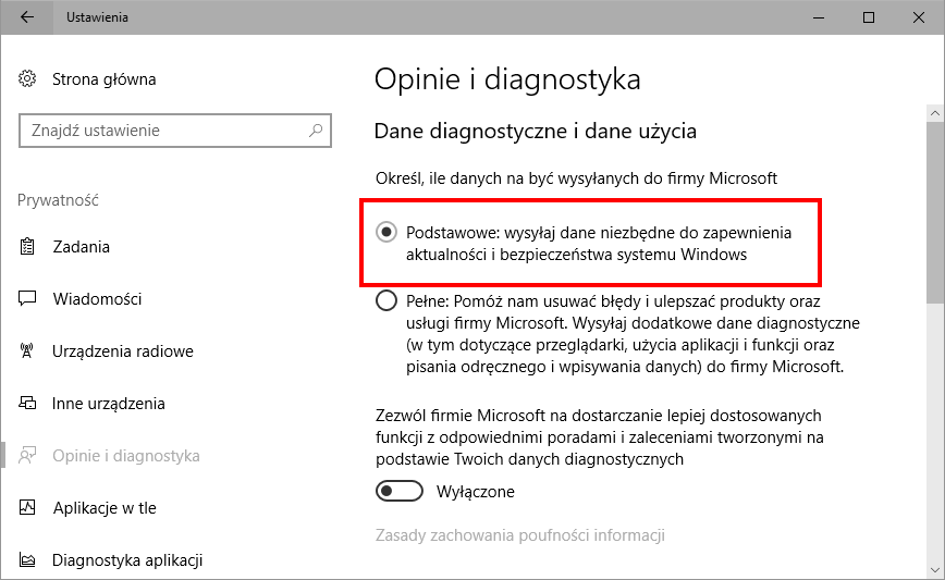 Ustaw prostą telemetrię w ustawieniach Windows 10