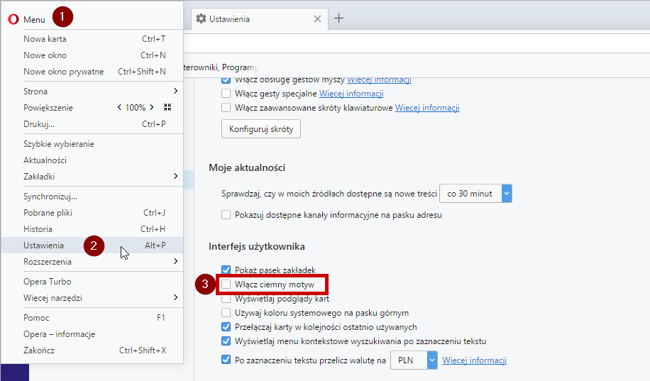 Włącz ciemny motyw w ustawieniach Opery