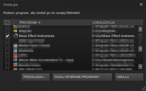 Wybierz grę do dodania w Steam