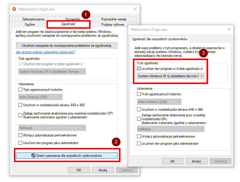 Włącz tryb zgodności z XP dla Origin