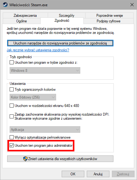 Steam - uruchom jako administrator