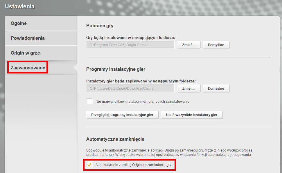 Ustawienia Origin - automatyczne wyłączanie Origin po zamknięciu gry