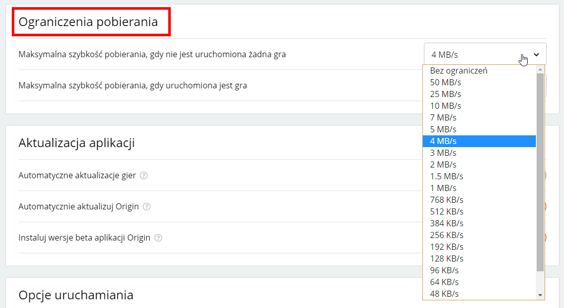 Ustaw ograniczenie prędkości pobierania danych w Origin