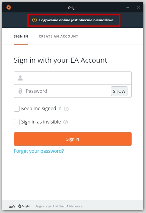 Origin - logowanie online jest obecnie niemożliwe