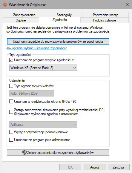 Ustaw opcje zgodności dla Origin.exe