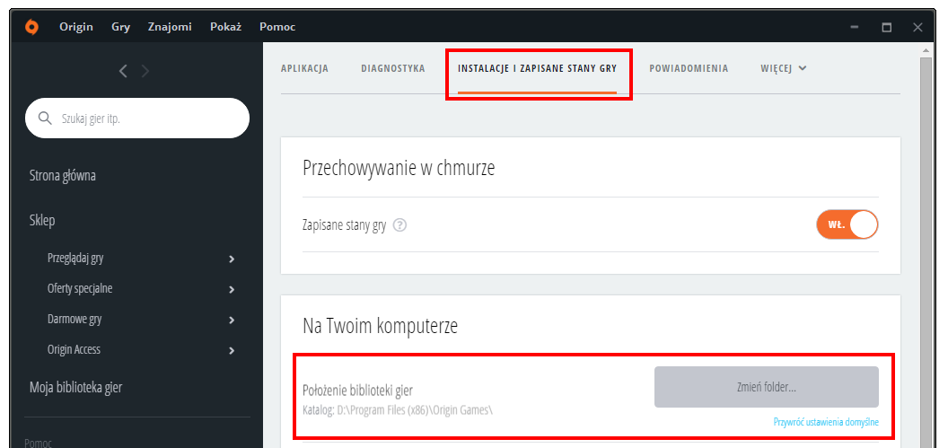 Origin - zmień folder biblioteki gier
