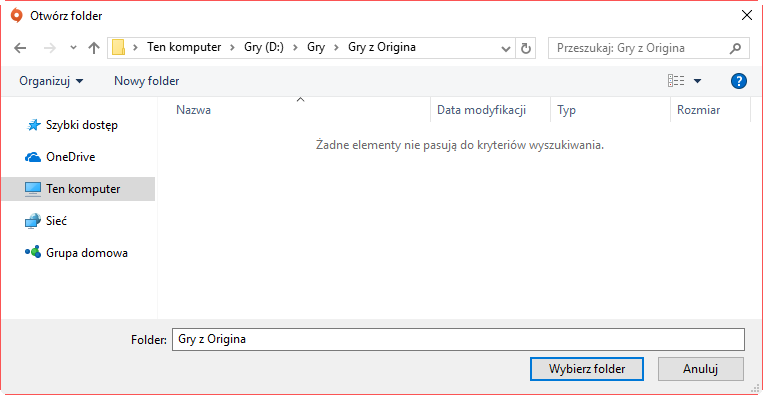 Wybierz nowy folder na bibliotekę gier Origin