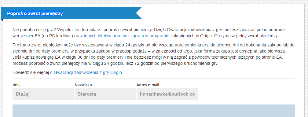 Poproś o zwrot pieniędzy na Origin