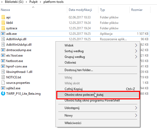 Otwórz okno polecenia w folderze Platform Tools