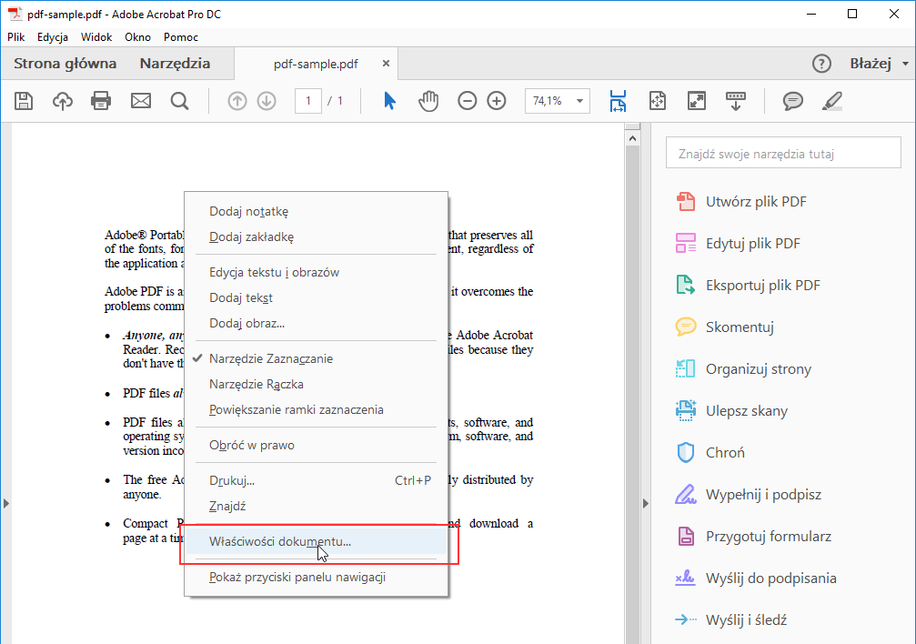 Otwórz właściwości dokumentu PDF w Acrobat Pro
