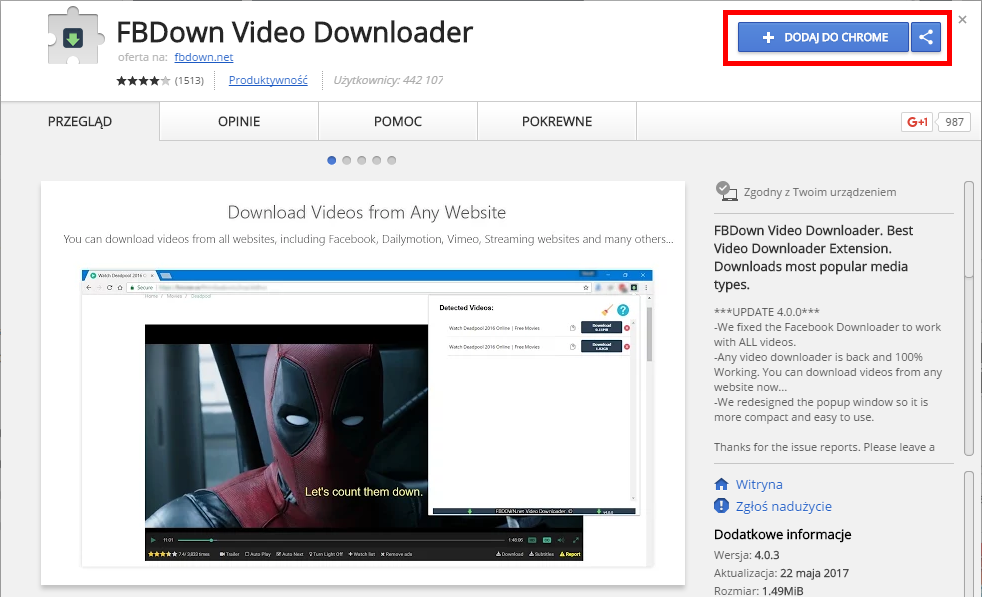 Zainstaluj FBDown Video Downloader w Chrome
