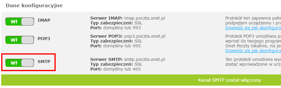 Włącz SMTP w poczcie Onet