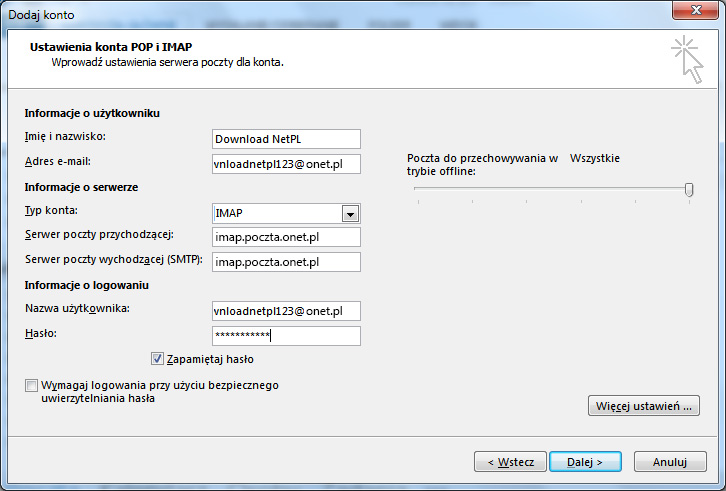 Ustawienia konta POP / IMAP w Outlooku