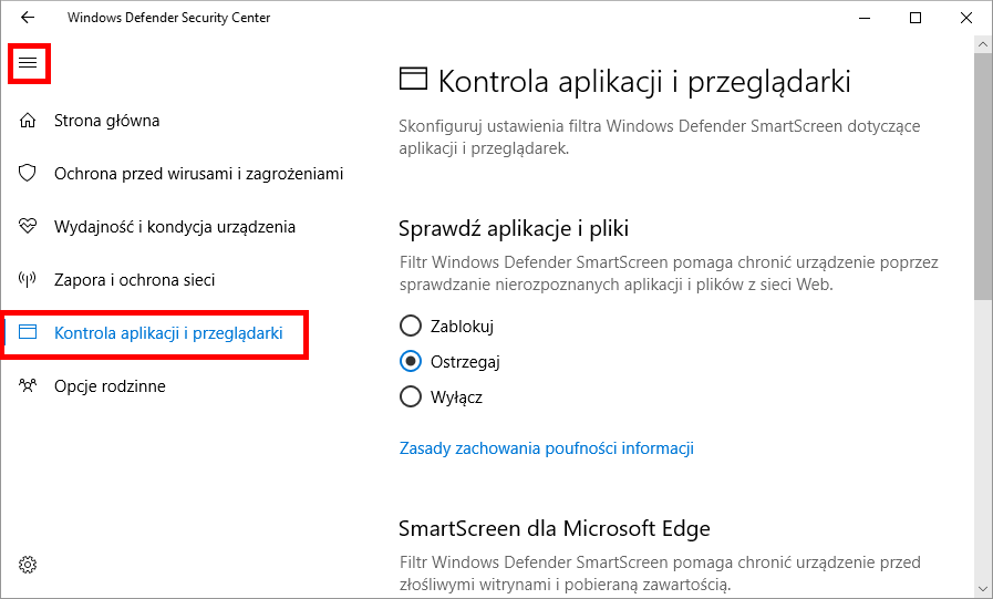 Opcje Windows Defender Security Center