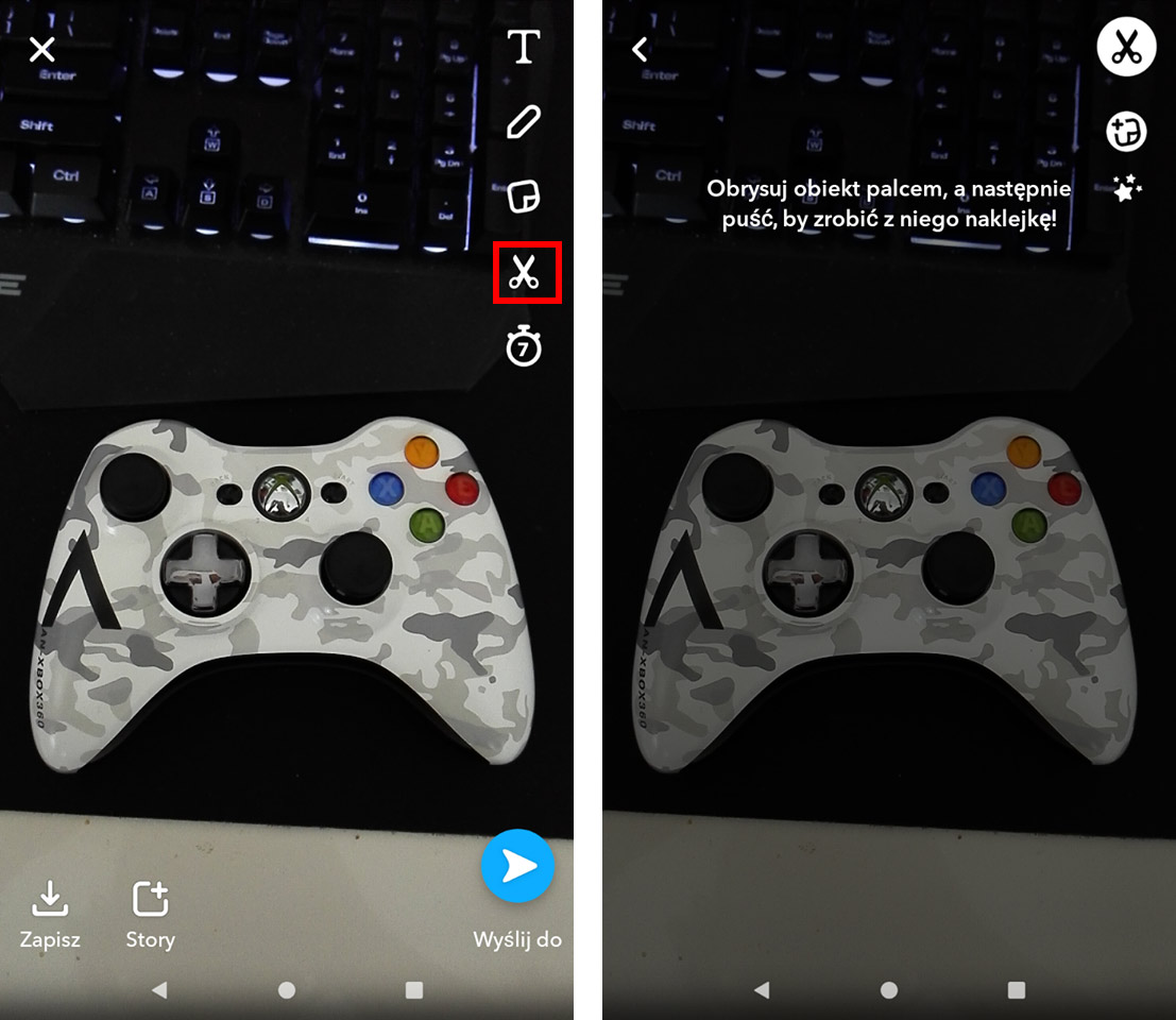 Snapchat - zrób zdjęcie i wybierz narzędzie wycinania