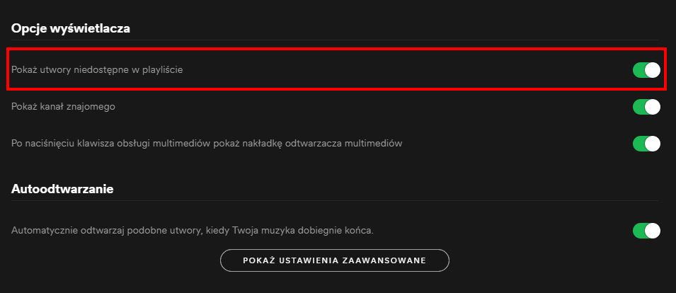 Pokaż utwory niedostępne w playliście Spotify