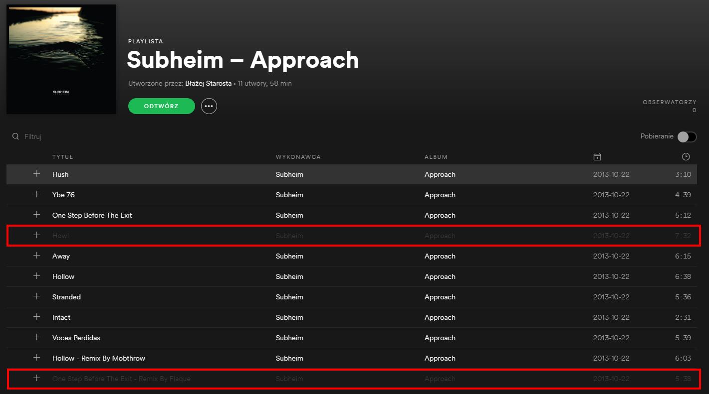 Usunięte utwory, które zniknęły z playlisty